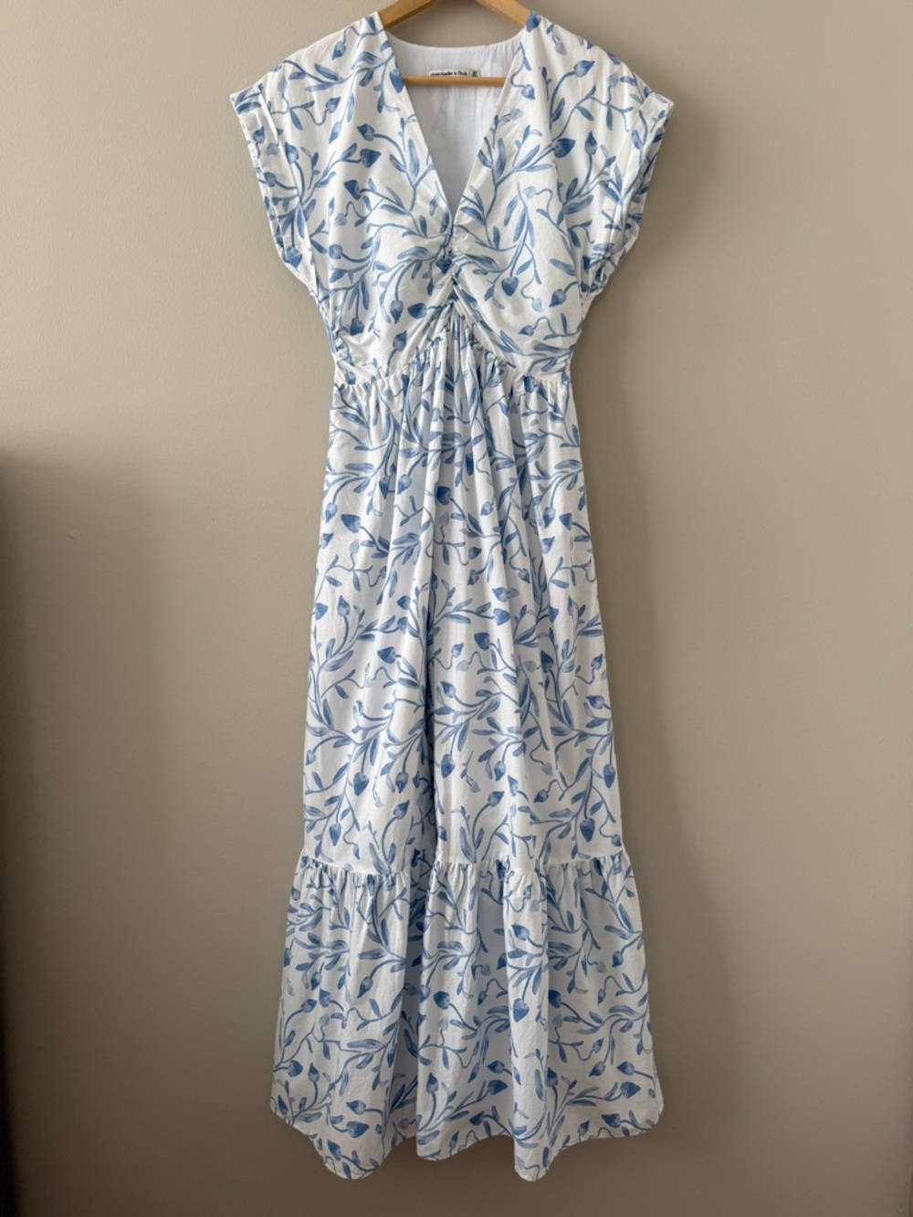 Abercrombie - Tall Cinch-Front Poplin Midi Dress - White & Blue - Picture 3 of 16
